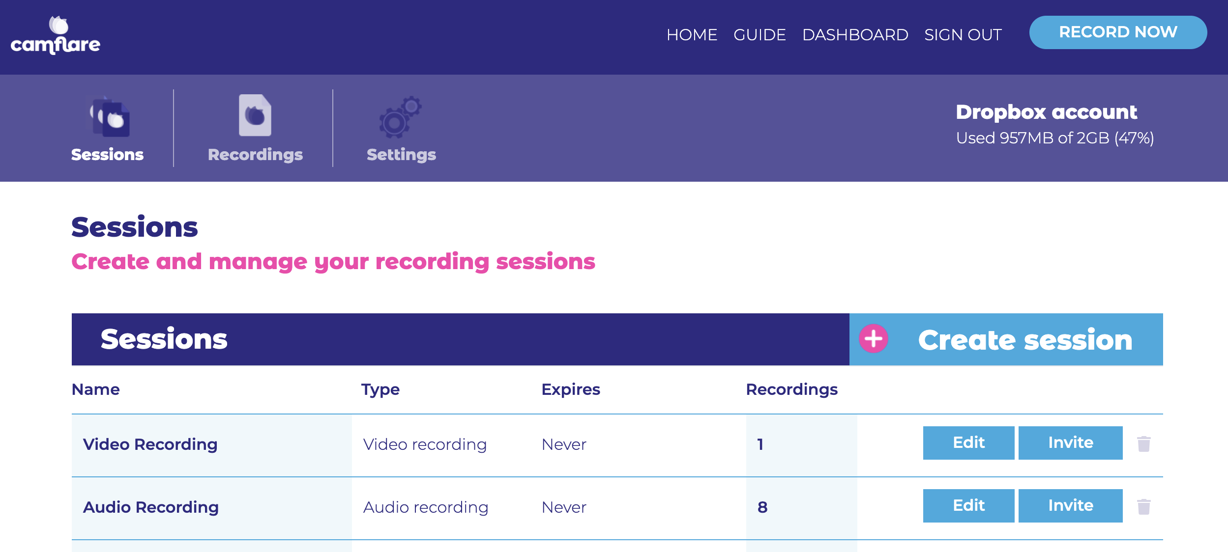 Sessions Page
